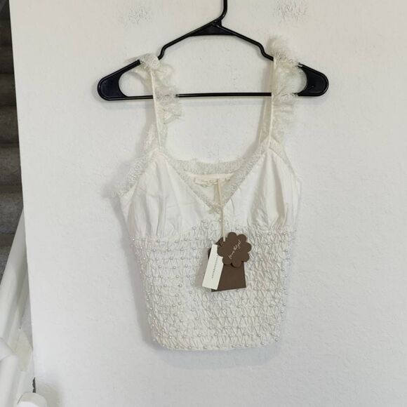 Anthropologie Tops - Forever That Girl Top Womens Extra Small Pearl Embellished Ruched Tank White